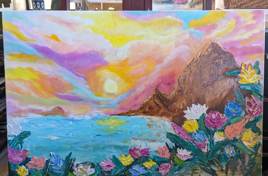 Tropical Sunset Bay with Floral Foreground by Rachel Streetman